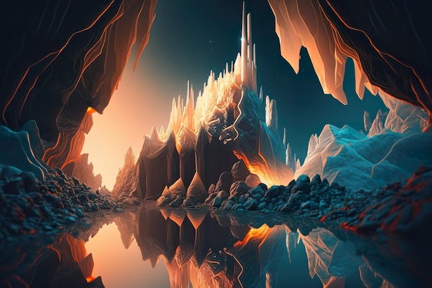 A digital painting of a cave with a castle in the middle.