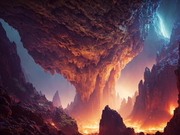 A digital painting of a cave with a mountain in the background.