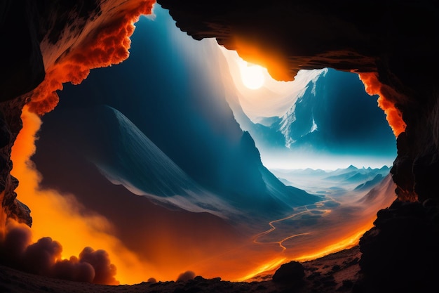 A digital painting of a cave with a sunset in the background.