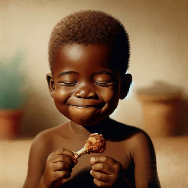 A digital painting of a child with dark skin and closely cropped hair sitting in a homely setting