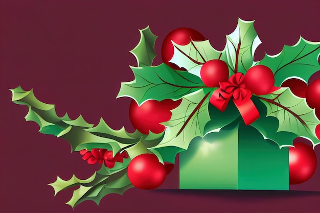 Digital painting Christmas gift and holly berry branches decoration