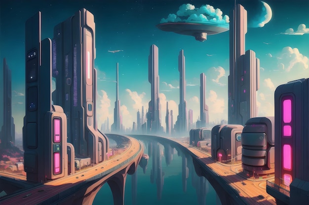 A digital painting of a city with a cityscape and a cloud floating above it.