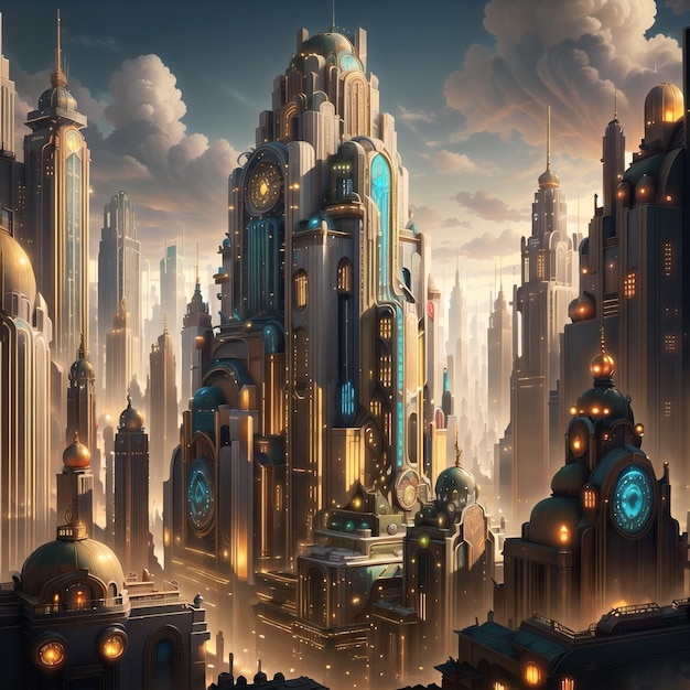 A digital painting of a city with a large building in the center.