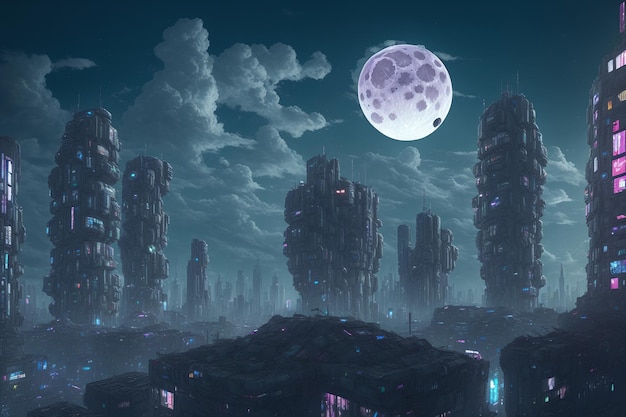 A digital painting of a city with a moon in the sky