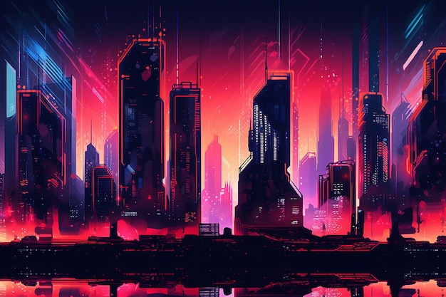 A digital painting of a city with a neon city in the background.