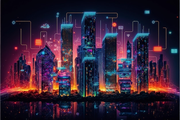 A digital painting of a city with a neon cityscape on the top.