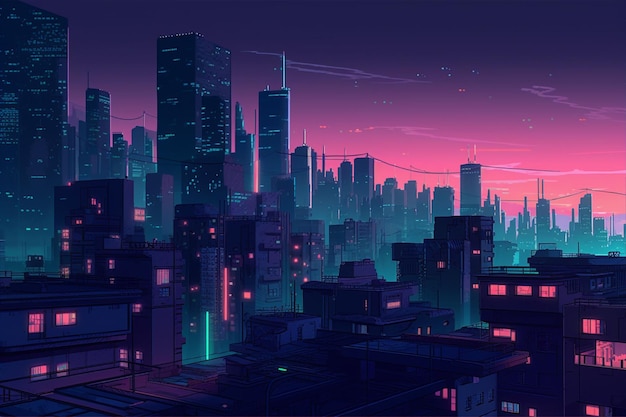 A digital painting of a city with a neon cityscape