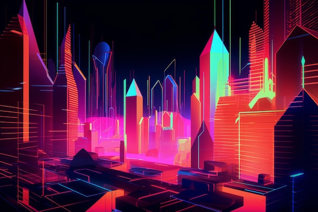 A digital painting of a city with neon lights and a city in the background.