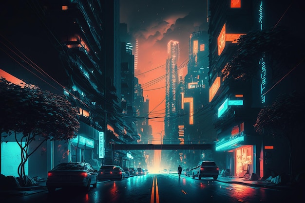 A digital painting of a city with a person walking on the street.