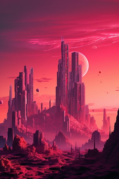 A digital painting of a city with a planet in the background