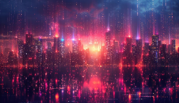 a digital painting of a city with a purple background and a red cityscape in the background