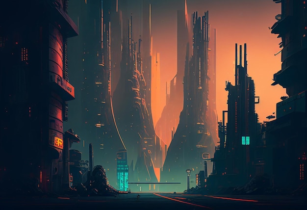 A digital painting of a city with a sign that says'cyberpunk'on it