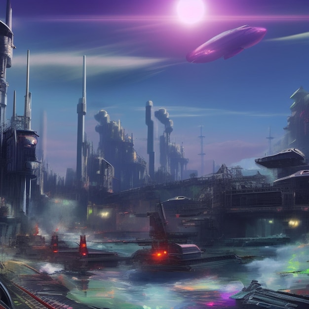 A digital painting of a city with a spaceship in the background.