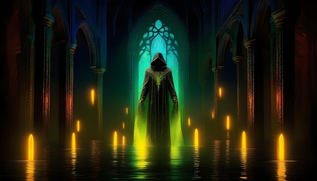 A digital painting of a cloaked figure with glowing eyes set in a gothic landscape with neon light