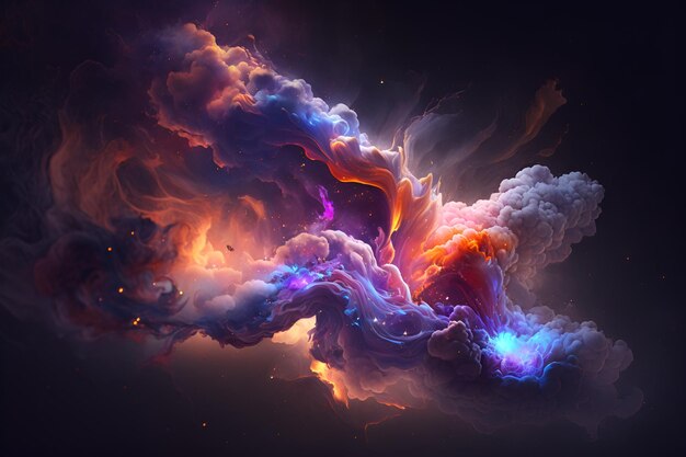 A digital painting of a colorful explosion with a black background.