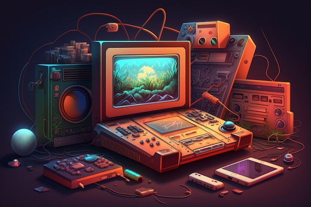 A digital painting of a computer screen with a video game on it.