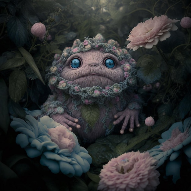 A digital painting of a creature with blue eyes and a pink flower in the middle.