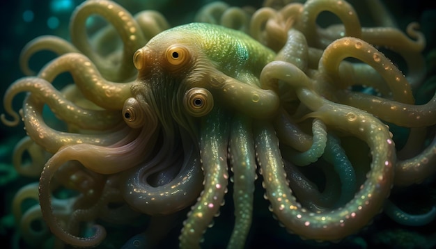 A digital painting of a creepy octopus under the sea in the night time