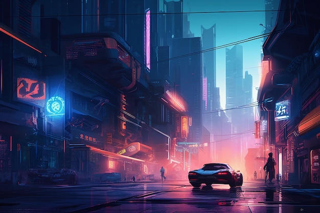 A digital painting of a cyberpunk city with a car on the road.