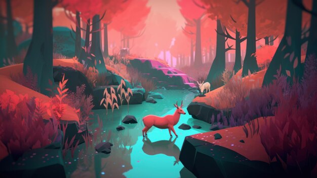 A digital painting of a deer in a stream.