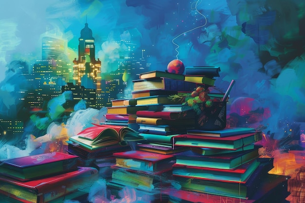 A digital painting depicting a stack of books with a city skyline in the background An artwork that reflects the hybrid nature of modern education combining online and offline elements