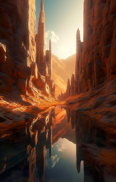 A digital painting of a desert scene with a lake in the middle.