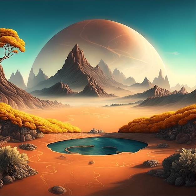 A digital painting of a desert with a lake and mountains in the background.