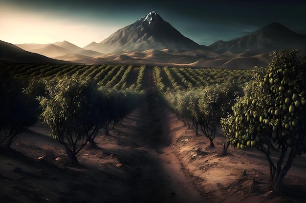 A digital painting of a dirt road leading to a mountain with a mountain in the background.