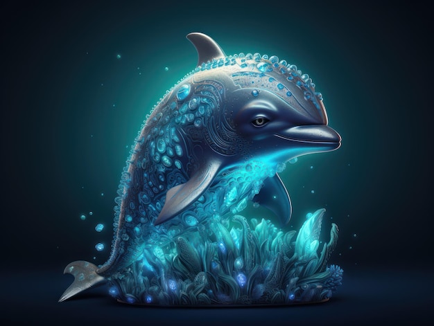 A digital painting of a dolphin with a blue background.