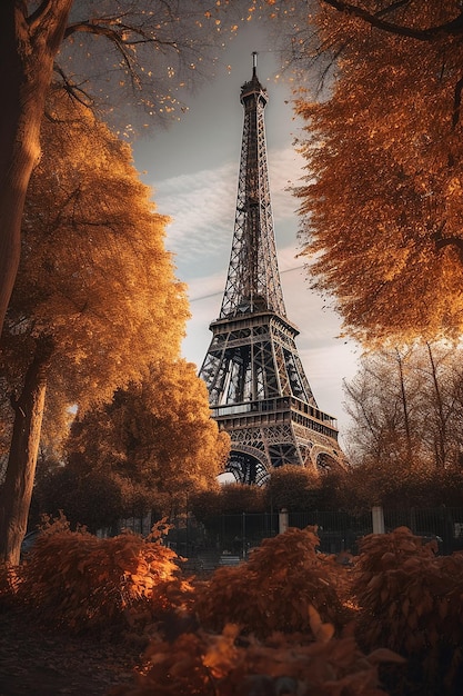 A digital painting of the eiffel tower in autumn