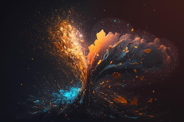 A digital painting of a explosion with orange and blue colors.