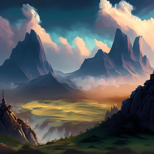 A Digital Painting Of A Fantasy Landscape With Mountains And Clouds 3