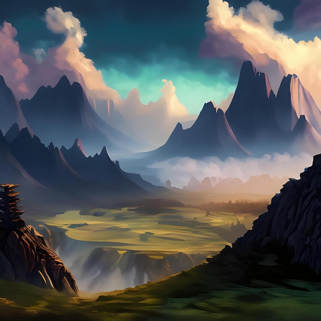 A Digital Painting Of A Fantasy Landscape With Mountains And Clouds 7