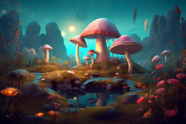 A digital painting of a fantasy landscape with mushrooms and a pond.