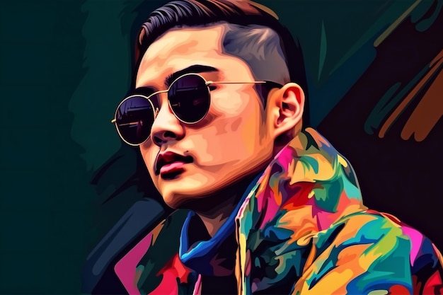 Digital painting fashion asian man posing hand drawn artistic