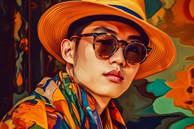 Digital painting fashion asian man posing hand drawn artistic