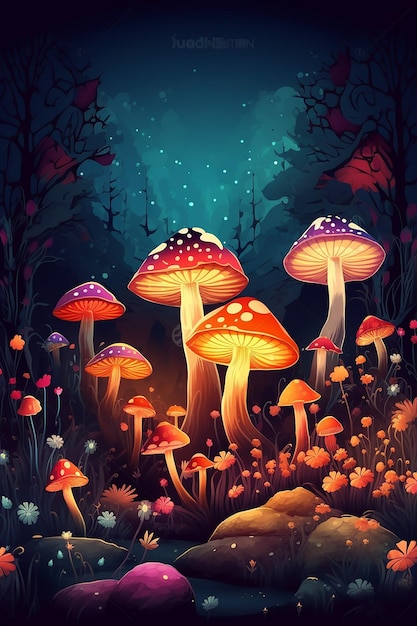 A digital painting of a field of mushrooms with a blue background.