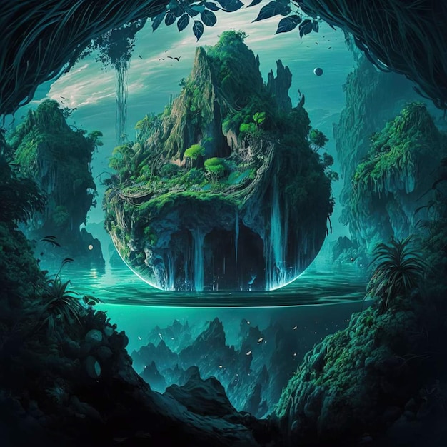 A digital painting of a floating island with a waterfall and a tree on it.