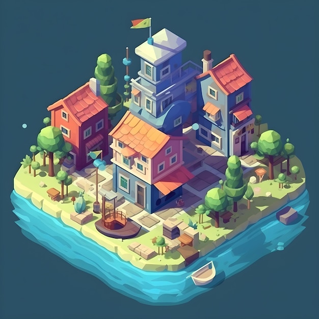 A digital painting of a floating land small island with a small house on it