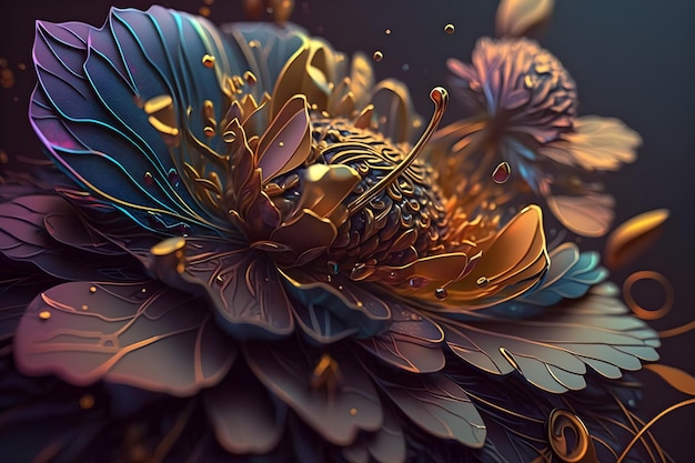 A digital painting of a flower with gold and blue colors.