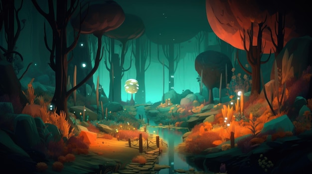 A digital painting of a forest with a globe on the left side.