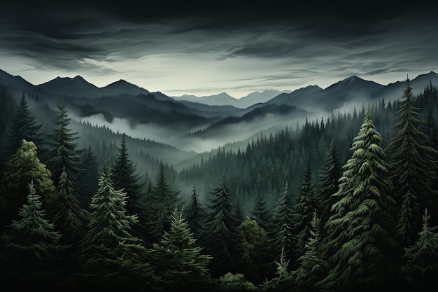 a digital painting of a forest with a mountain in the background