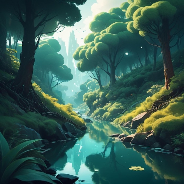 a digital painting of a forest with a river and trees