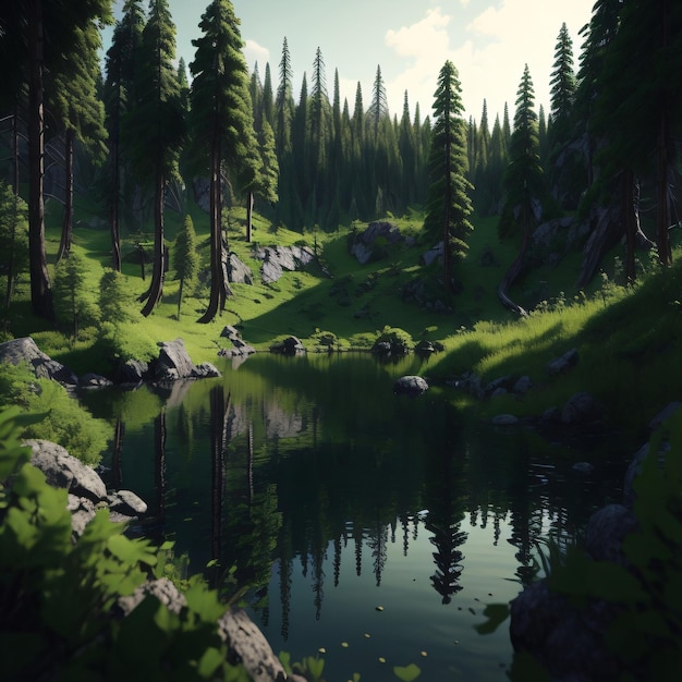 A digital painting of a forest with trees and a lake in the foreground.