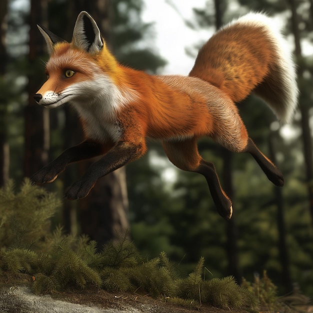 Photo a digital painting of a fox leaping through the air in a forest