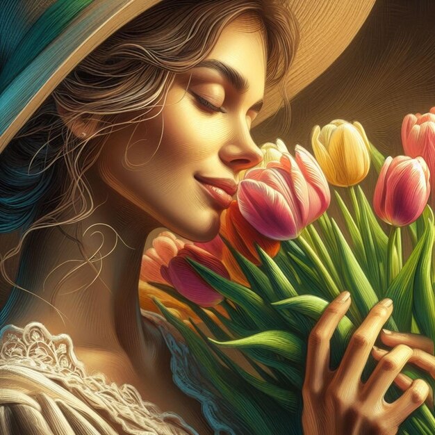 Digital painting of a Free and happy woman with flowers for International Womens Day