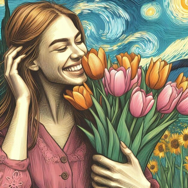 Digital painting of a Free and happy woman with flowers for International Womens Day