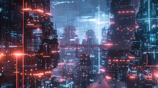 A digital painting of a futuristic city at night The city is full of tall buildings bright lights and flying cars