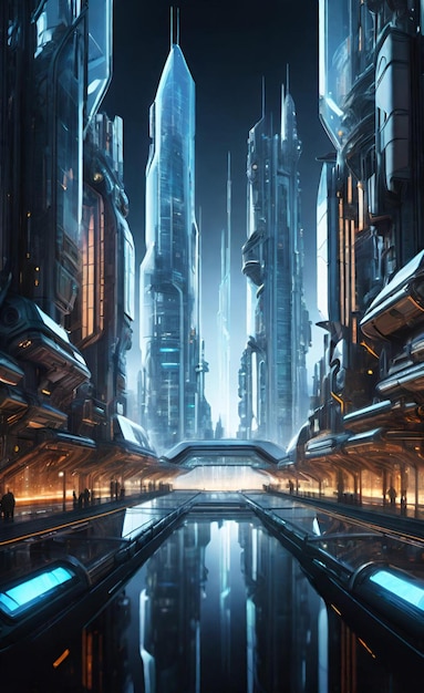 a digital painting of a futuristic city with a water reflection