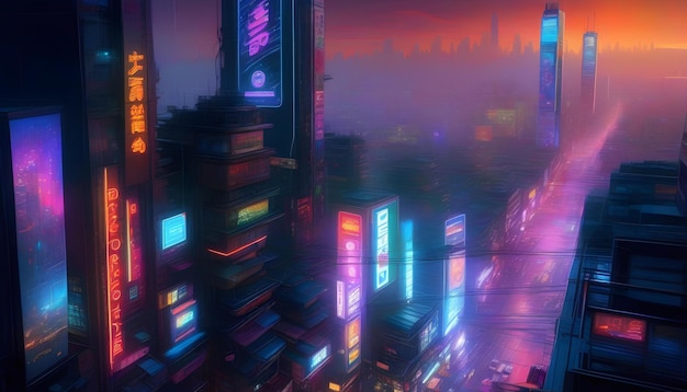 A digital painting of a futuristic cityscape with neon lights and holographic billboards